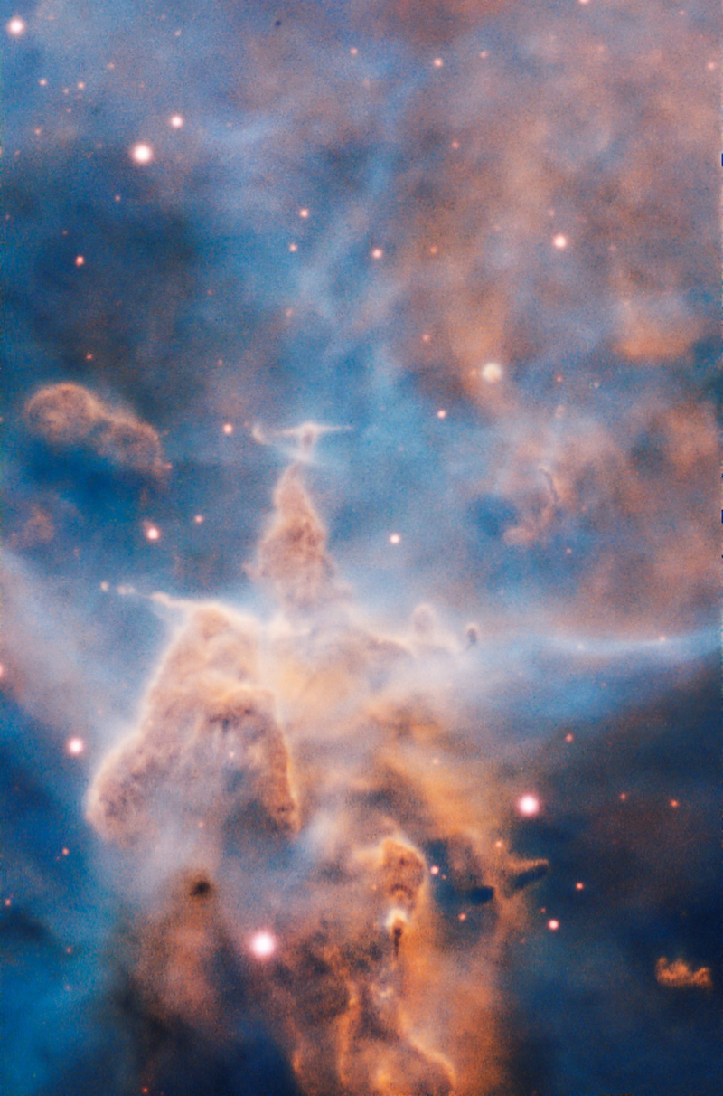 This spectacular image features a distinctly chicken-like structure, enveloped in wispy clouds. The stars within the pillar fire off jets of gas that can be seen streaming off the towering peaks. (Image: ESO/A. McLeod)